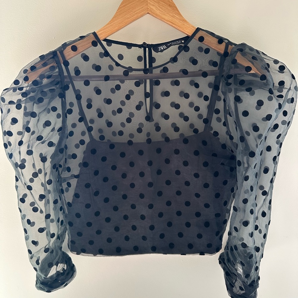 Zara Black Sheer Polka Dot Top